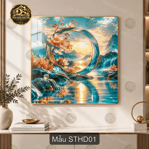 Tranh tráng gương Sơn thủy hoa đào vuông treo tường trang trí phòng khách