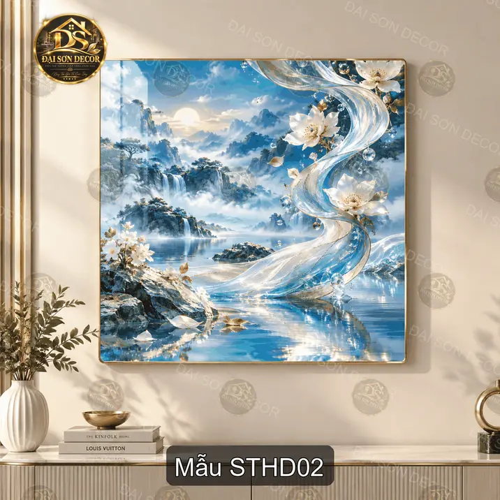 Tranh tráng gương Sơn thủy hoa đào vuông treo tường trang trí phòng khách