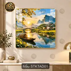 Tranh sơn thủy kiến trúc Á Đông tráng gương phong cảnh quê hương trang trí phòng khách