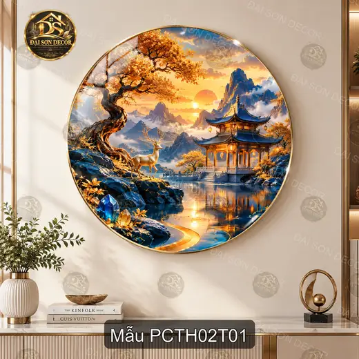 Tranh tráng gương tròn phong cảnh Trung Hoa sơn thủy đình cổ hươu vàng trang trí phòng khách
