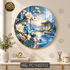 Tranh tráng gương tròn phong cảnh Trung Hoa sơn thủy đình cổ hươu vàng trang trí phòng khách