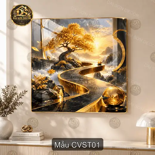 Tranh tráng gương vuông cây vàng sơn thủy phong cảnh nghệ thuật treo tường trang trí phòng khách