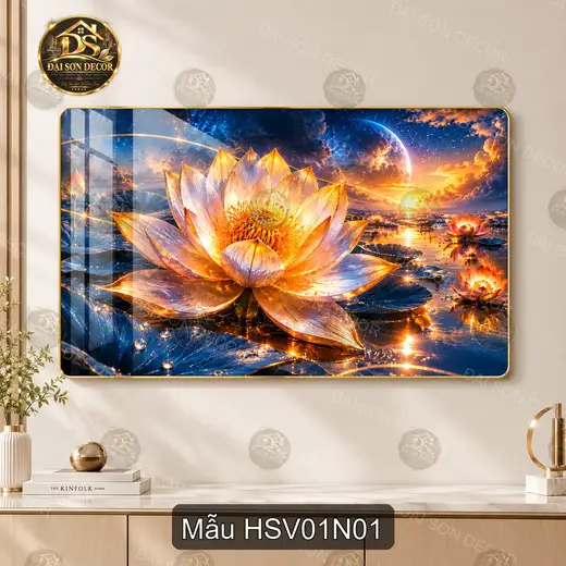 Tranh tráng gương hoa sen vàng 001 decor phòng khách quà tặng trang trí sang trọng