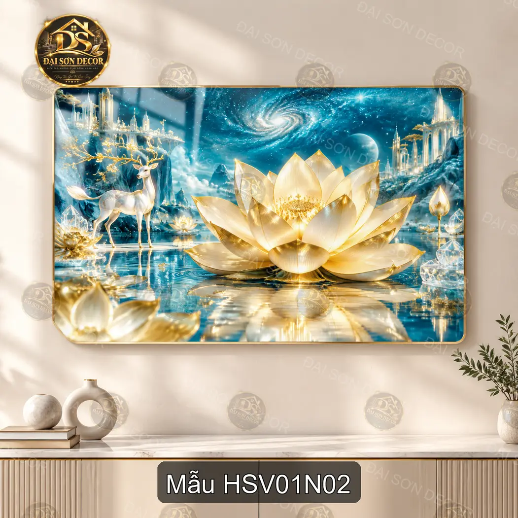 Tranh tráng gương hoa sen vàng 001 decor phòng khách quà tặng trang trí sang trọng