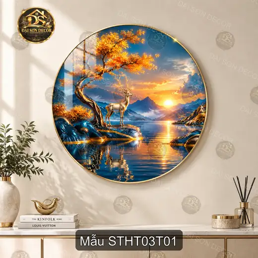 Tranh tráng gương tròn Sơn thủy hữu tình 003 sang trọng decor phòng khách