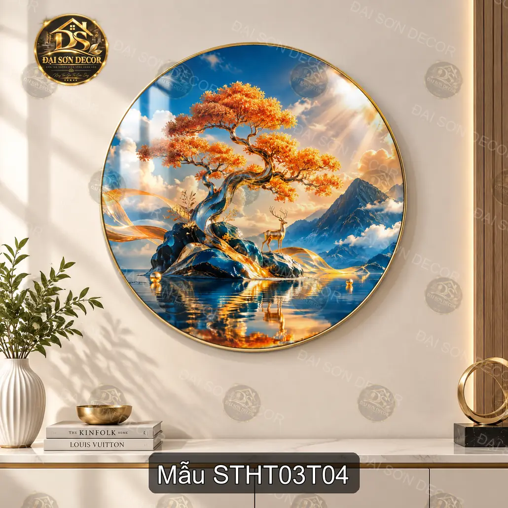Tranh tráng gương tròn Sơn thủy hữu tình 003 sang trọng decor phòng khách