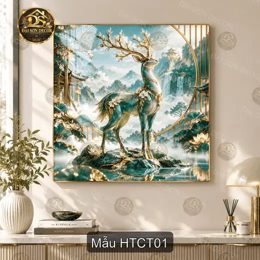 Tranh tráng gương Hươu thần cảnh tiên decor phòng khách phong cách tiên cảnh mẫu HTCT01
