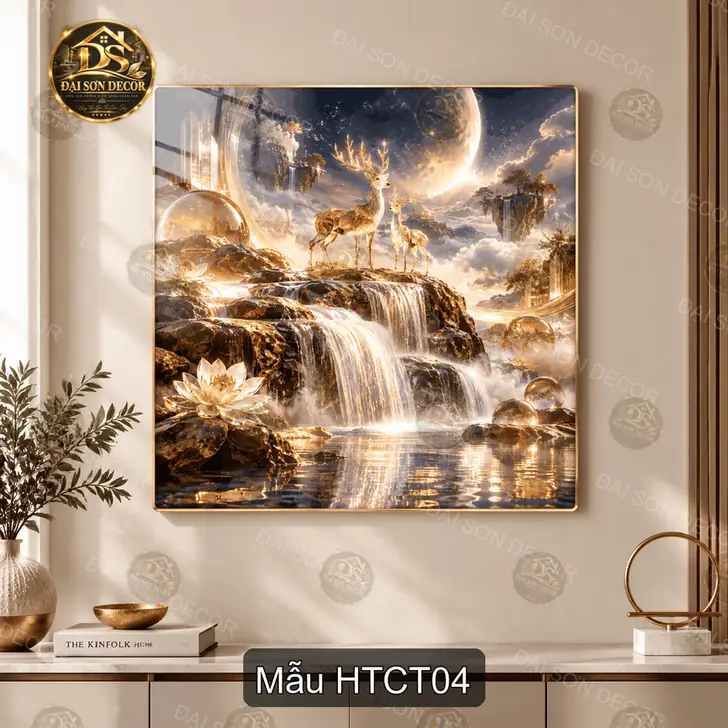 Tranh tráng gương Hươu thần cảnh tiên decor phòng khách phong cách tiên cảnh mẫu HTCT01