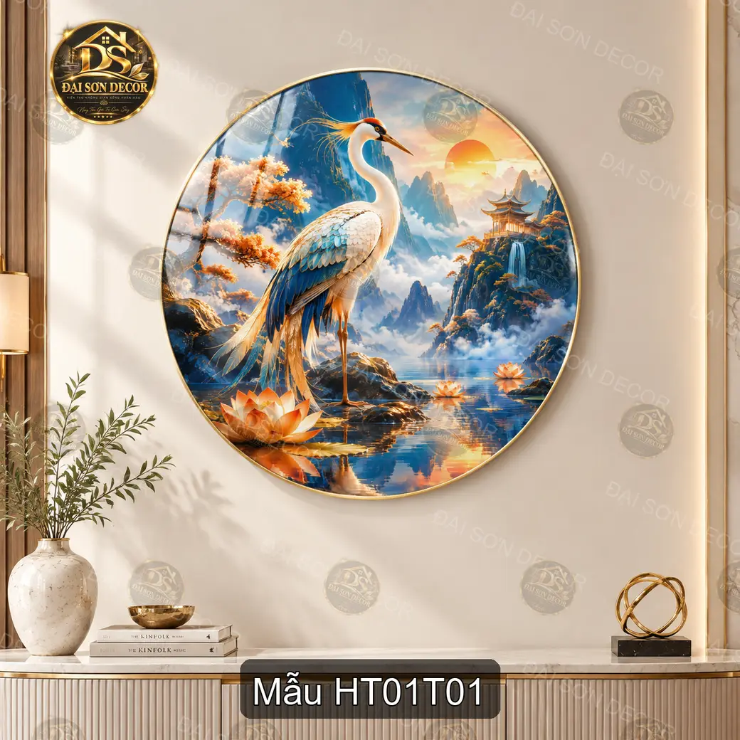 Tranh tròn hạc tiên 001 tráng gương cao cấp sang trọng decor phòng khách