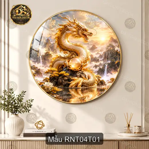 Tranh tráng gương tròn Rồng nghệ thuật 004 phong cách sang trọng decor phòng khách