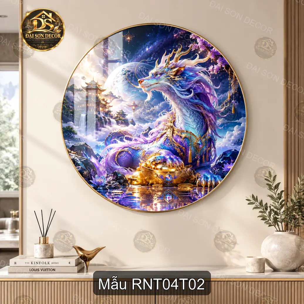 Tranh tráng gương tròn Rồng nghệ thuật 004 phong cách sang trọng decor phòng khách