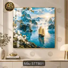 Tranh tráng gương sơn thủy thuyền buồm treo tường decor phòng khách STTB01