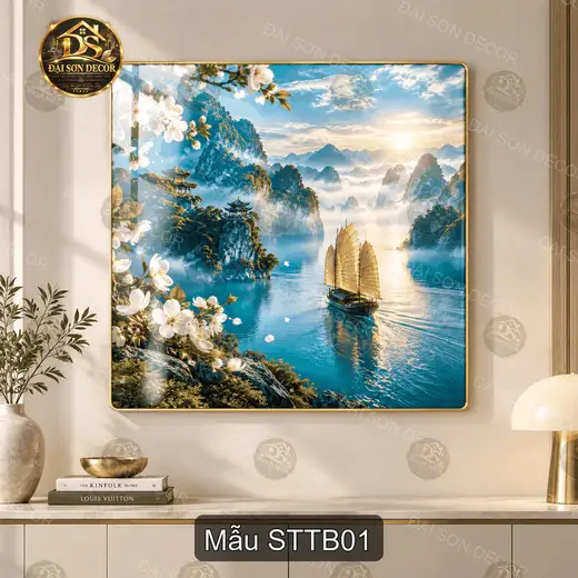 Tranh tráng gương sơn thủy thuyền buồm treo tường decor phòng khách STTB01