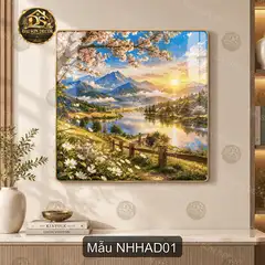Tranh tráng gương phong cảnh núi hồ hoa anh đào vuông trang trí phòng khách