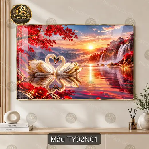 Tranh tráng gương đôi thiên nga tình yêu 002 decor phòng khách lãng mạn