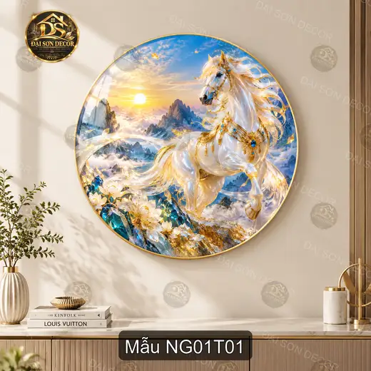 Tranh tròn tráng gương Ngựa 001 bạch mã phong cảnh núi non trang trí phòng khách