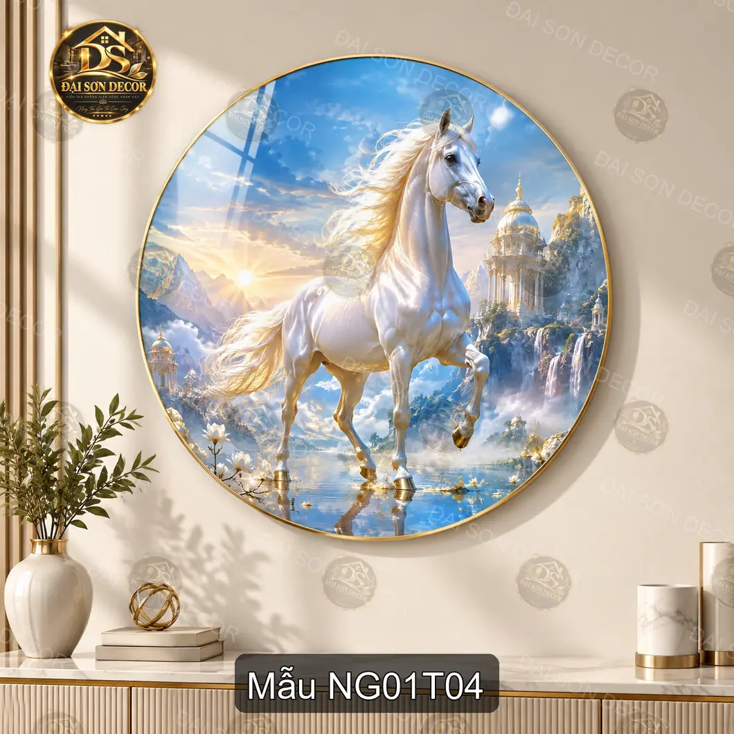 Tranh tròn tráng gương Ngựa 001 bạch mã phong cảnh núi non trang trí phòng khách