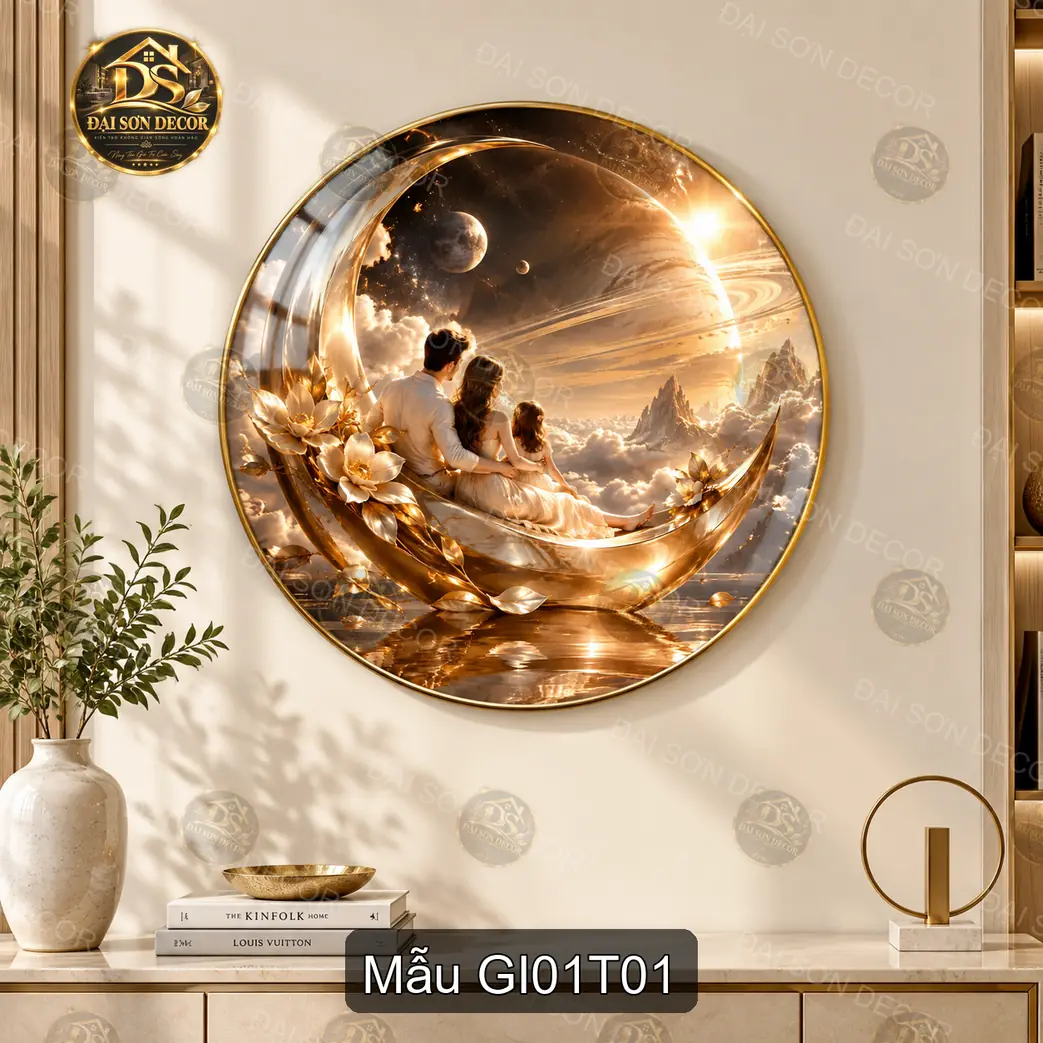 Tranh tráng gương tròn Gia đình 001 sum vầy decor phòng khách quà tặng ý nghĩa