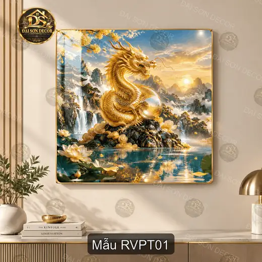Tranh tráng gương Rồng vàng phong thủy treo tường phòng khách decor sang trọng