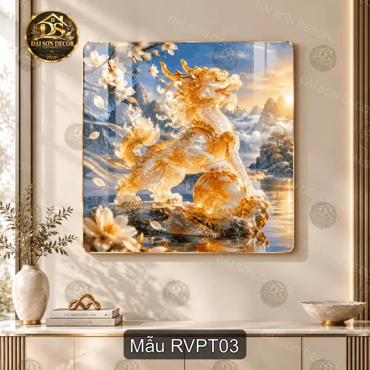Tranh tráng gương Rồng vàng phong thủy treo tường phòng khách decor sang trọng