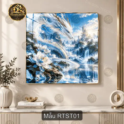 Tranh tráng gương vuông Rồng thần sơn thủy decor phòng khách quà tặng phong thủy