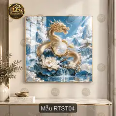 Tranh tráng gương vuông Rồng thần sơn thủy decor phòng khách quà tặng phong thủy