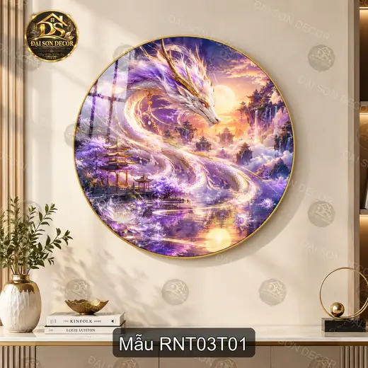 Tranh tráng gương tròn Rồng nghệ thuật 003 phong cách huyền ảo decor phòng khách sang trọng