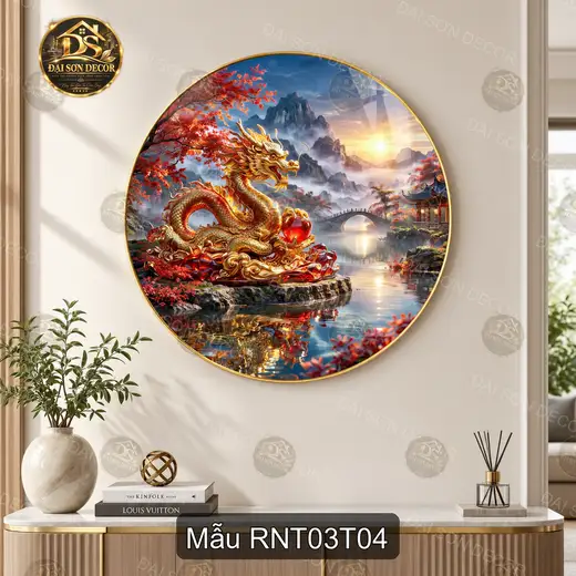 Tranh tráng gương tròn Rồng nghệ thuật 003 phong cách huyền ảo decor phòng khách sang trọng