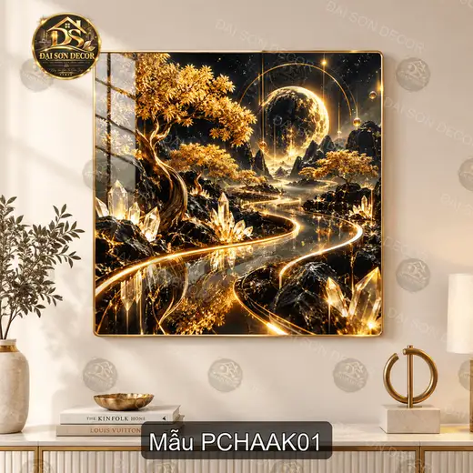 Tranh phong cảnh huyền ảo ánh kim trang trí phòng khách tráng gương vuông cao cấp