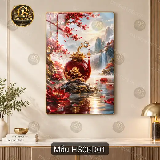 Tranh tráng gương Hoa sen 006 treo dọc decor phòng khách phong cảnh hồ sen nghệ thuật