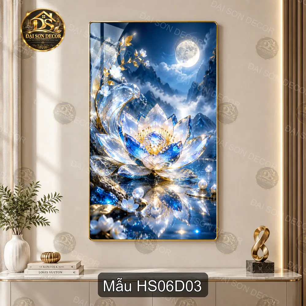 Tranh tráng gương Hoa sen 006 treo dọc decor phòng khách phong cảnh hồ sen nghệ thuật