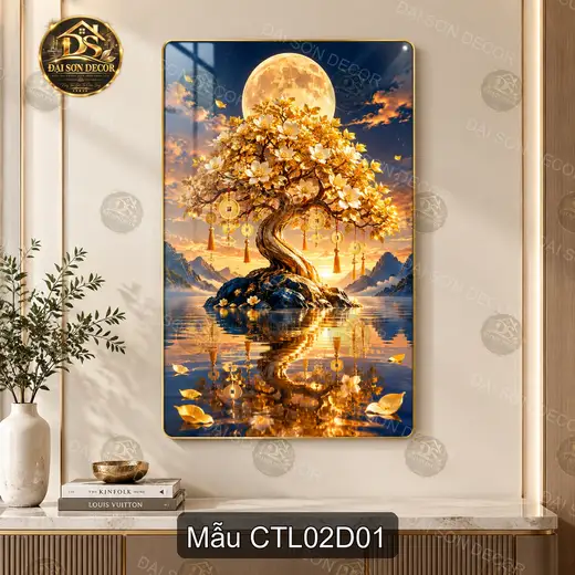Tranh tráng gương Cây tài lộc 002 sang trọng trang trí phòng khách phong cách hiện đại