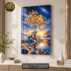 Tranh tráng gương Cây tài lộc 002 sang trọng trang trí phòng khách phong cách hiện đại