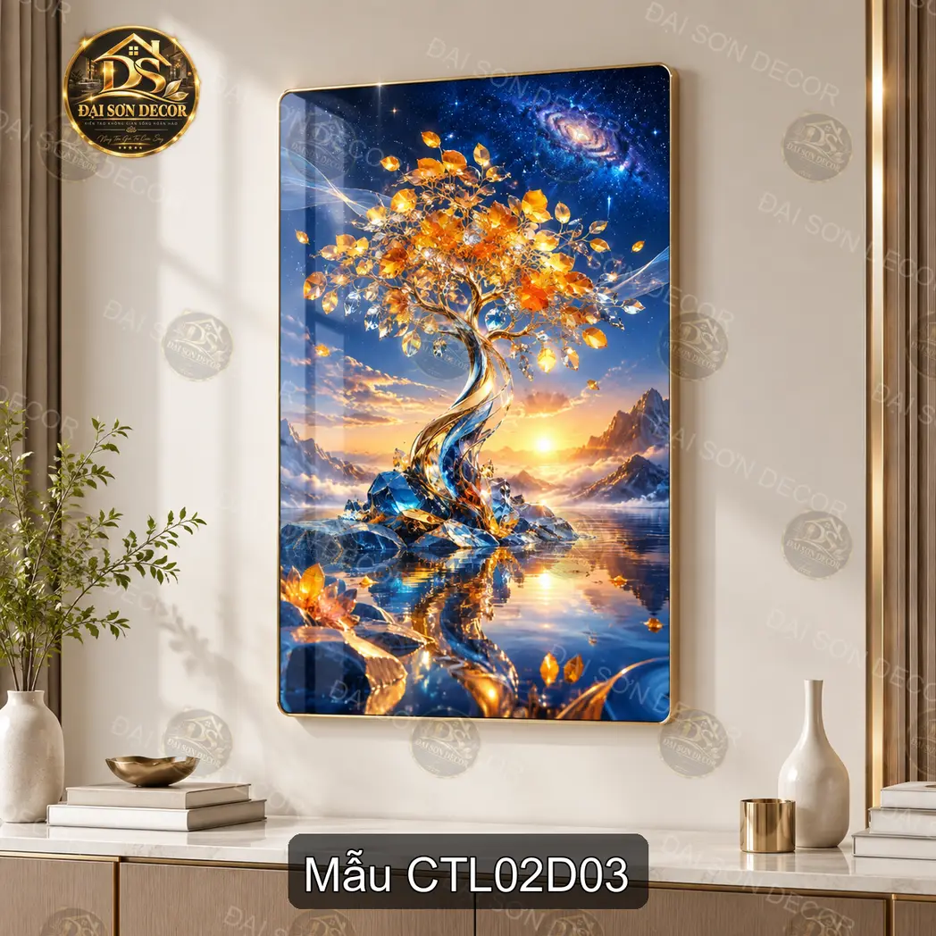 Tranh tráng gương Cây tài lộc 002 sang trọng trang trí phòng khách phong cách hiện đại