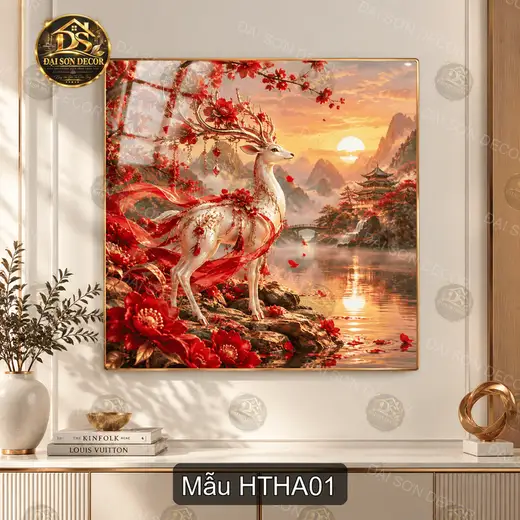 Tranh tráng gương Hươu thần huyền ảo phong cảnh sơn thủy decor phòng khách quà tặng