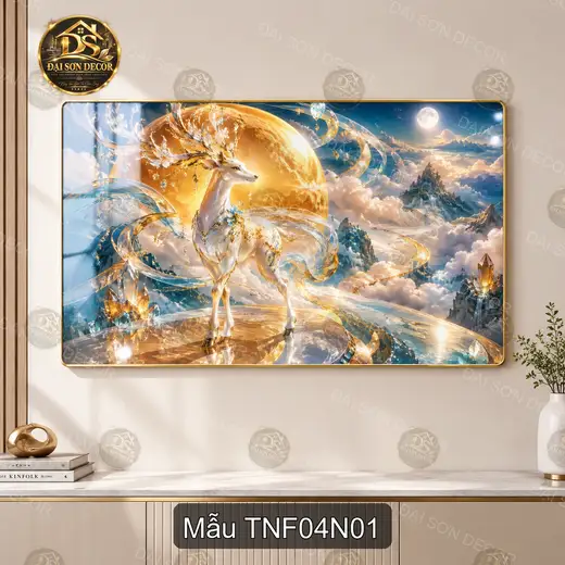 Tranh tráng gương Thiên nhiên fantasy 004 hươu trắng decor phòng khách quà tặng sang trọng