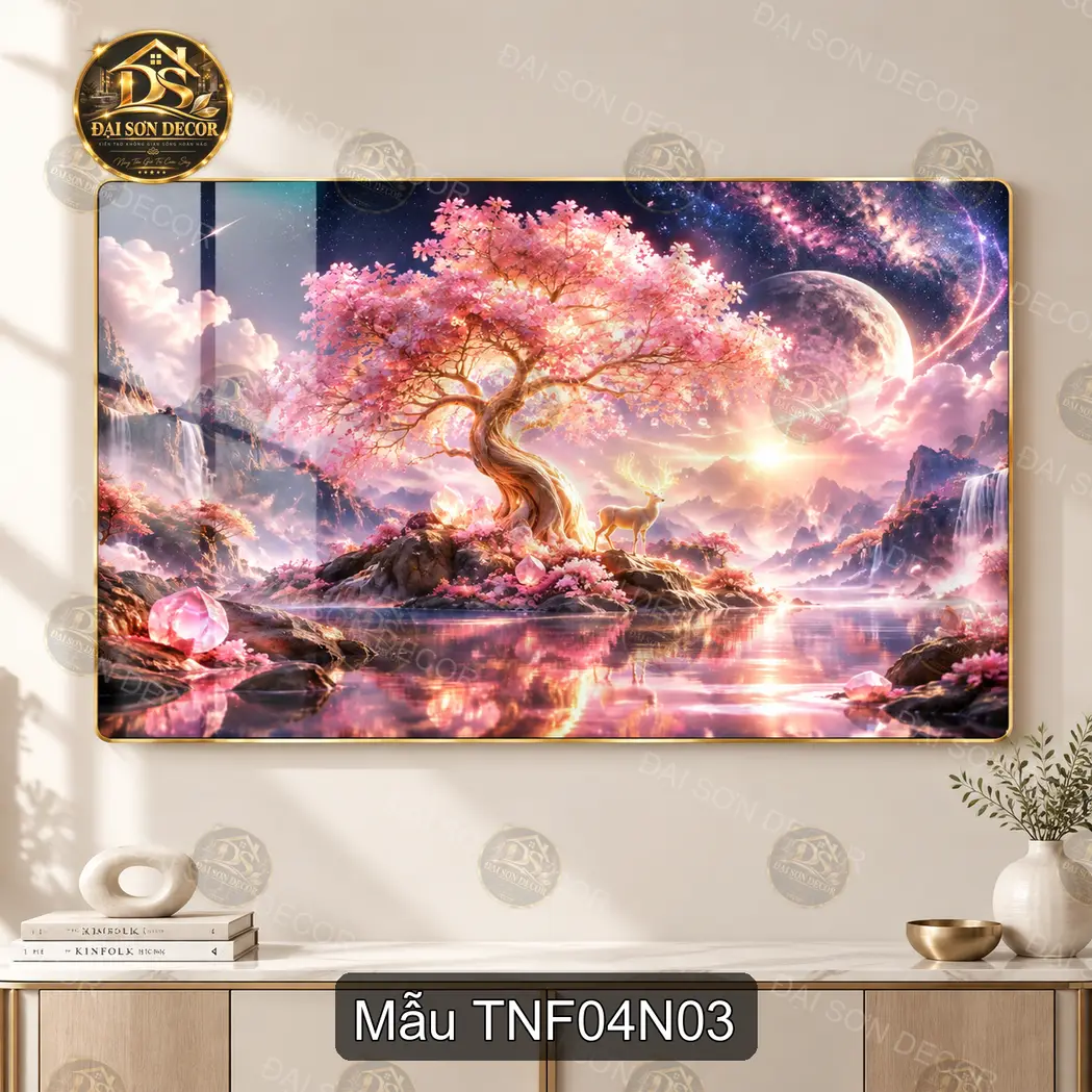 Tranh tráng gương Thiên nhiên fantasy 004 hươu trắng decor phòng khách quà tặng sang trọng