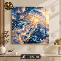 Tranh tráng gương vuông Thiên hà vũ trụ sứa phát sáng decor phòng khách sang trọng