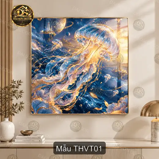 Tranh tráng gương vuông Thiên hà vũ trụ sứa phát sáng decor phòng khách sang trọng
