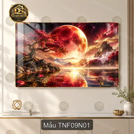 Tranh tráng gương Thiên nhiên fantasy 009 phong cảnh mặt trời đỏ sang trọng decor phòng khách