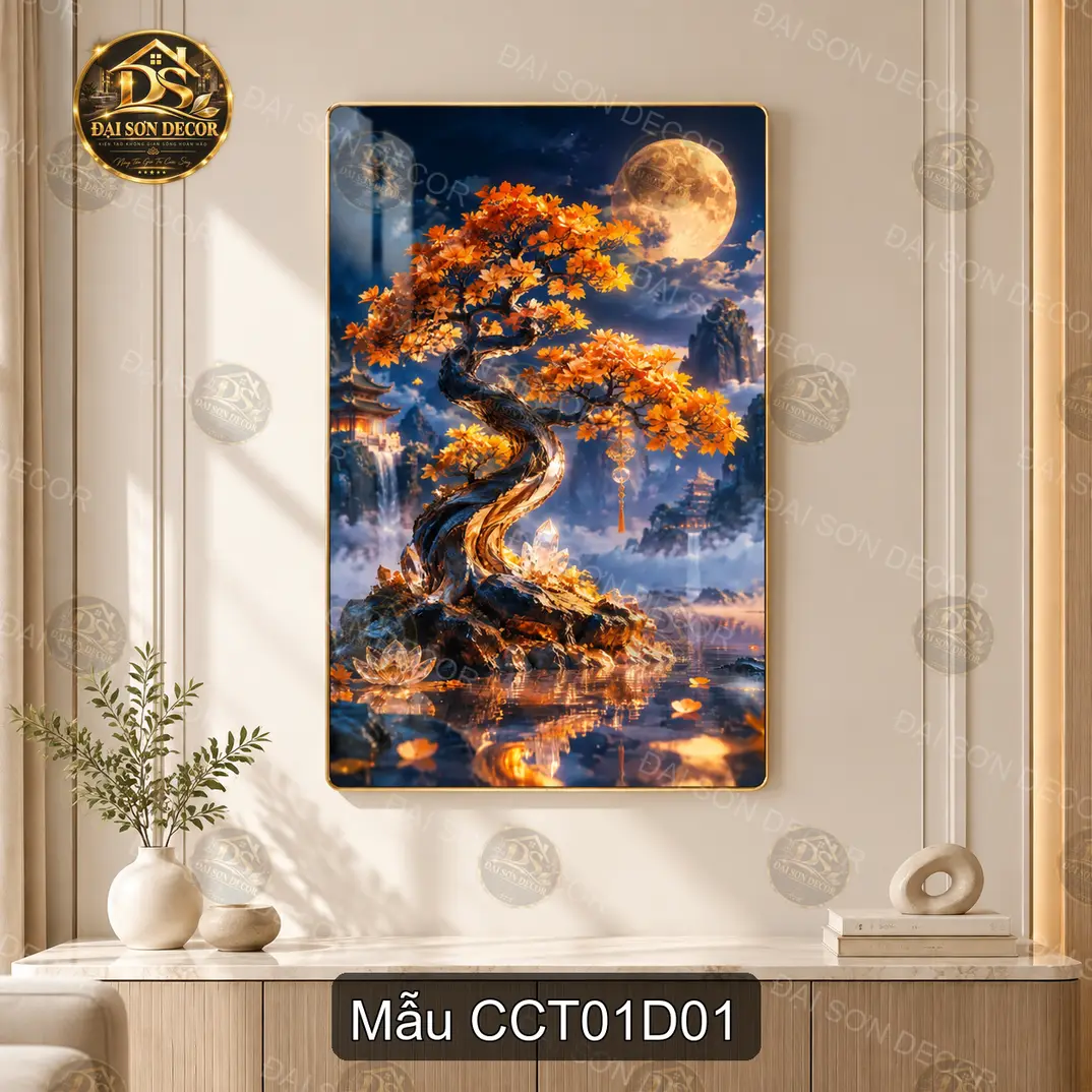 Tranh tráng gương cây cổ thụ nghệ thuật ánh trăng decor phòng khách phong cách huyền ảo CCT01D01