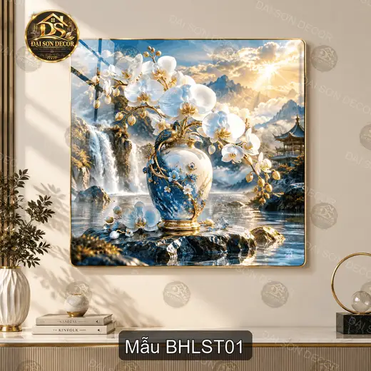 Tranh tráng gương bình hoa lan sơn thủy vuông trang trí phòng khách