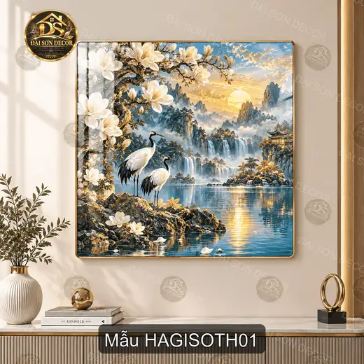 Tranh tráng gương treo tường Hạc giữa sơn thủy hoa mộc lan decor phòng khách hiện đại