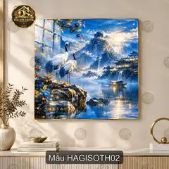 Tranh tráng gương treo tường Hạc giữa sơn thủy hoa mộc lan decor phòng khách hiện đại