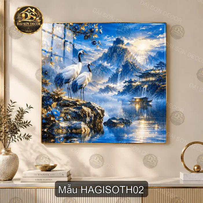 Tranh tráng gương treo tường Hạc giữa sơn thủy hoa mộc lan decor phòng khách hiện đại