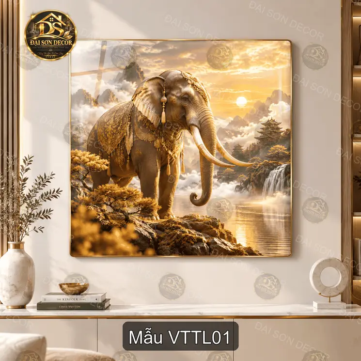 Tranh tráng gương vuông Voi thần tài lộc trang trí phòng khách phong cách sang trọng