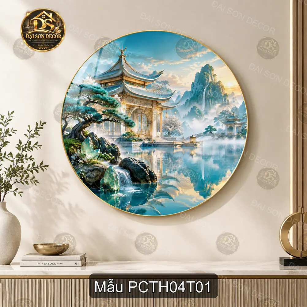 Tranh tròn tráng gương phong cảnh Trung Hoa 004 decor phòng khách sang trọng