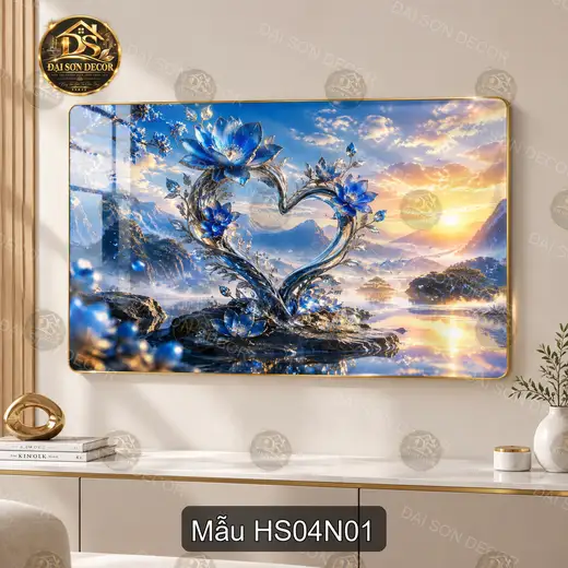 Tranh tráng gương Hoa sen 004 xanh nghệ thuật trang trí phòng khách phong cách hiện đại