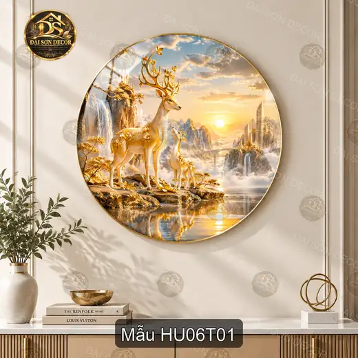 Tranh tròn tráng gương Hươu 006 phong cách hiện đại sáng đẹp decor tường phòng khách