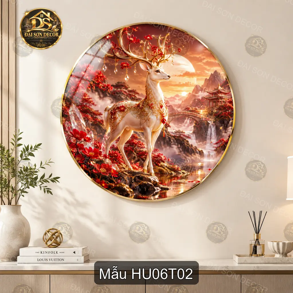 Tranh tròn tráng gương Hươu 006 phong cách hiện đại sáng đẹp decor tường phòng khách